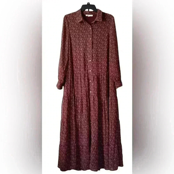 DR2 Collared Long Sleeve Floral  Tiered maxi Shirt Dress Red Wine Sz Medium - Picture 2 of 10